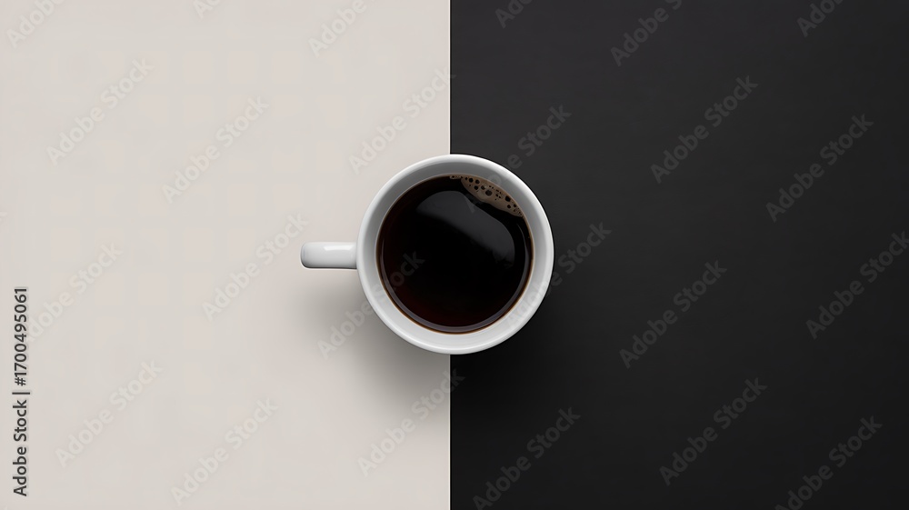 Overhead view of a white ceramic mug filled with dark black coffee placed on a split background of light beige and deep black Overhead view of a white ceramic mug filled with dark black coffee placed on a split background of light beige and deep black