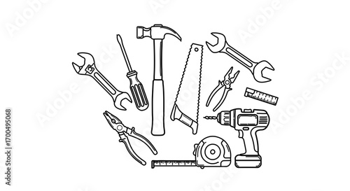 Collection of hand tools includes hammer, screwdriver, wrench, and more