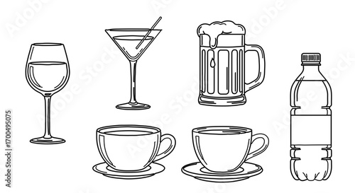Hand drawn drinks wine, cocktail, beer, water, coffee and tea in sketch style