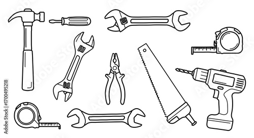 Set of hand tools, including hammer, wrench, screwdriver, and measuring tape