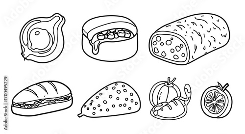 Collection of traditional italian pastry line art, featuring various sweet treats