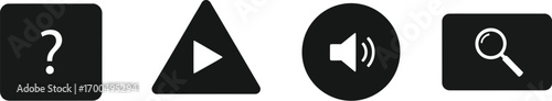 Essential multimedia control icons featuring play search volume and question mark silhouette