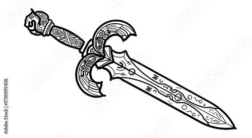 Hand drawn sketch of an ornate dagger with intricate designs