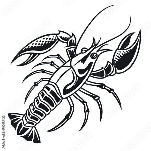Stylized Black and White Crayfish Illustration.