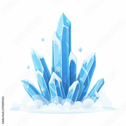 Sparkling blue ice crystals erupt from a snowy base, creating a magical winter scene.