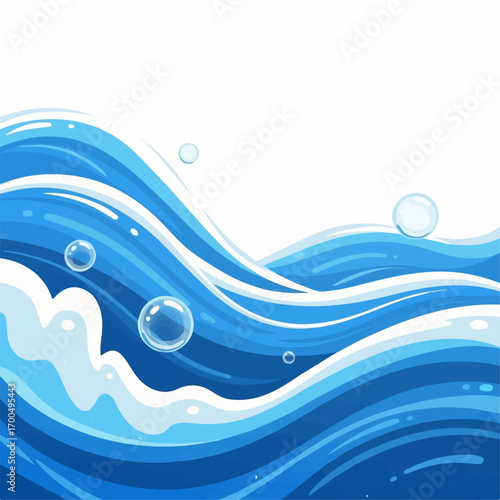 Serene blue ocean waves gently roll, creating a calming and refreshing mood with whitecaps and air bubbles.