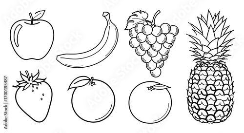 Collection of outline drawings of various fruits including apple, banana, grapes, pineapple