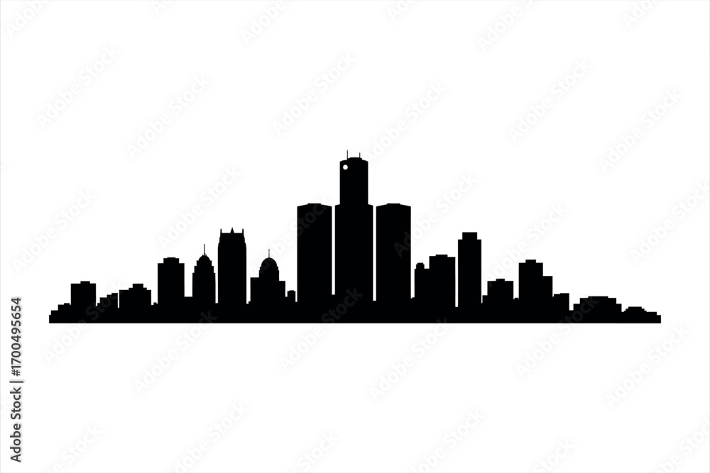 Naklejka premium Black silhouette of a city skyline with varied building heights and shapes black and white urban landscape