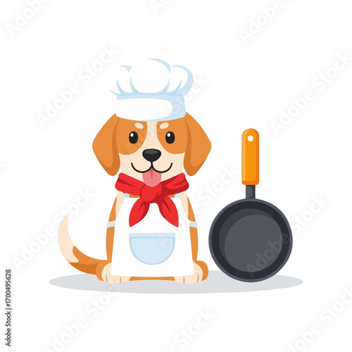 A cheerful beagle dog, dressed as a chef with a toque and apron, sits beside a frying pan, ready to cook.