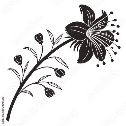 Stylized Black Flower Branch Silhouette.