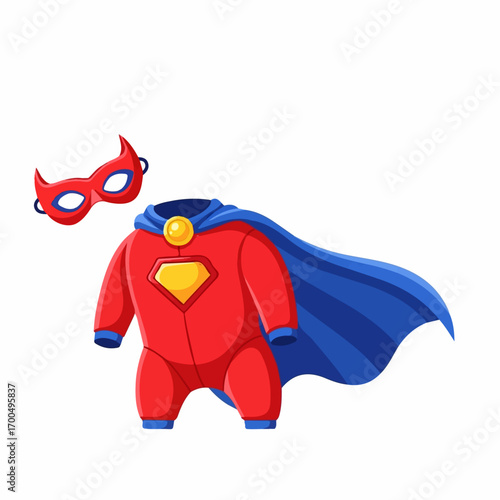 A red superhero baby onesie with a blue cape and mask, ready for playtime adventures.