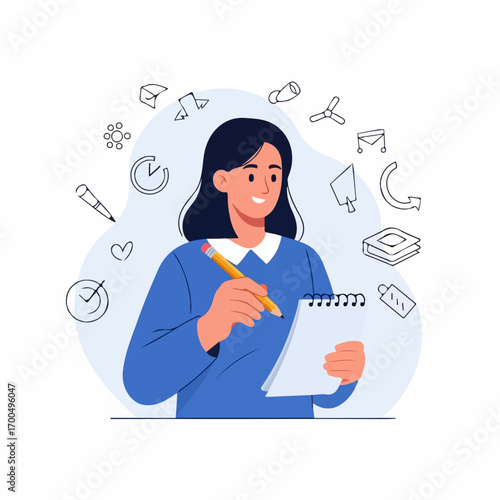 A smiling woman diligently takes notes in a spiral notepad, surrounded by design-related icons, conveying a feeling of focused creativity and productivity.