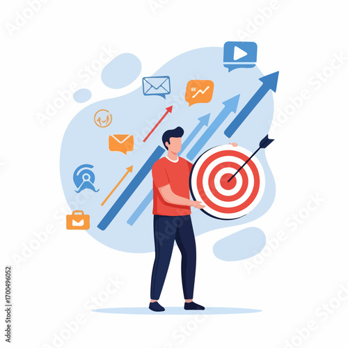 A man confidently holds a bullseye target with an arrow, symbolizing achievement and upward growth amidst a flurry of communication and marketing icons.