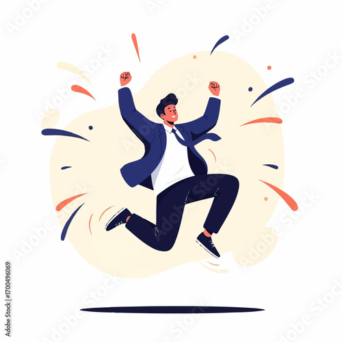 A jubilant businessman joyfully leaps in the air, celebrating success amidst an explosion of celebratory confetti, radiating pure elation.