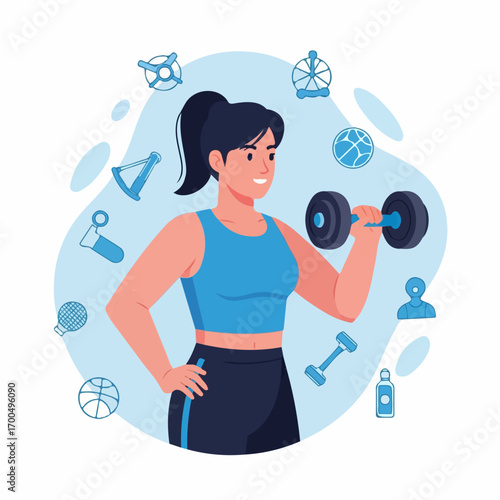 A smiling woman in fitness attire confidently lifts a dumbbell, showcasing strength and determination in a vibrant, minimalist illustration.