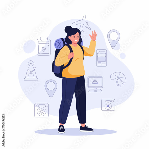 A cheerful young woman with a backpack waves hello, ready for adventure, surrounded by travel planning icons.