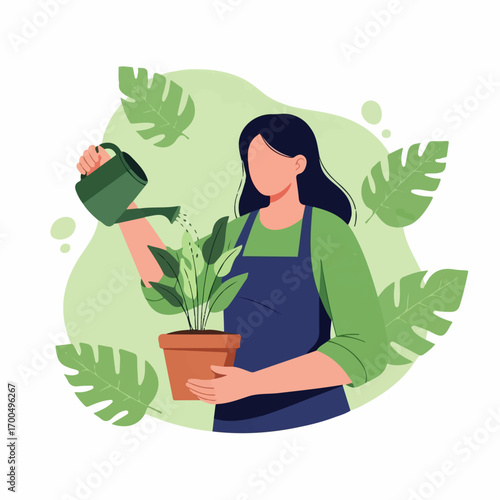 A woman tenderly waters a potted plant, nurturing new life amidst a serene, green environment.