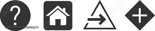 Collection of four distinct icons including question mark house arrow and plus symbol silhouette