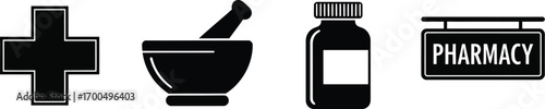 Medical cross pharmacy symbol and drug store icon for healthcare and medicine services silhouette