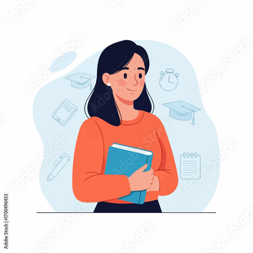 A confident young woman holds a textbook, surrounded by graduation caps and a stopwatch, conveying a hopeful and determined mood of academic success.