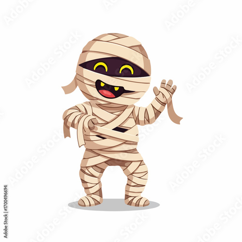 A cheerful mummy cartoon character waves hello against a white background, conveying a playful Halloween spirit.