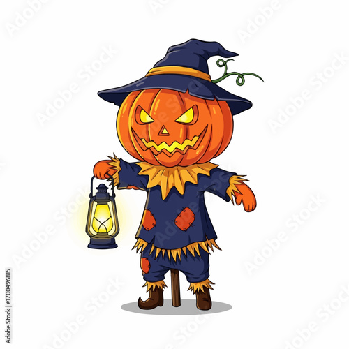 A whimsical pumpkin scarecrow, wearing a witch's hat, holds a glowing lantern against a white background, evoking a spooky yet playful Halloween mood.