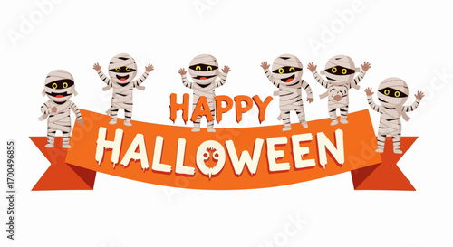 Cheerful mummy kids joyfully celebrate Halloween atop an orange banner, creating a festive and fun atmosphere.