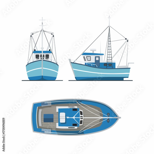 Blue Fishing Boat Illustration: Top, Side, and Front Views on White Background