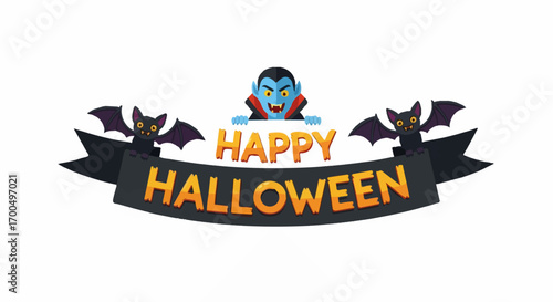 A playful vampire and two bats peek over a Happy Halloween banner, creating a cheerful and spooky festive scene.