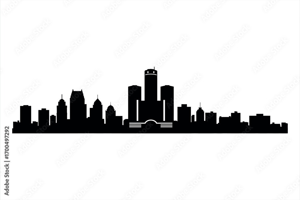 Fototapeta premium Black silhouette skyline of Detroit Michigan with prominent buildings and architecture city black and white