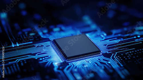 High-detail microchip close-up on motherboard with glowing blue circuit network overlay and dramatic cool lighting