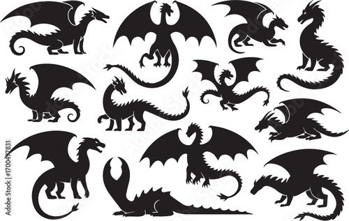 collection of fantasy dragon silhouettes vector illustration set black mythical flying beast graphic design assets
