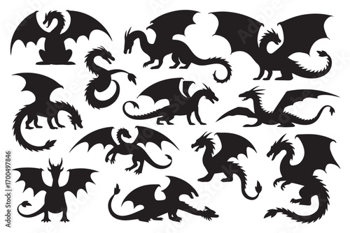 medieval inspired dragon silhouette set vector clipart fantasy creature emblem illustration for gaming logos