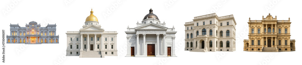Obraz premium Grand architectural building set including classical, government, and mansion-style structures isolated. Historical and institutional designs.