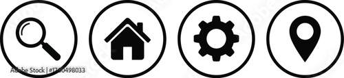Set of four circular icons search house gear location simple symbols silhouette