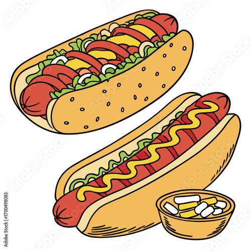 Hot Dog Duo with Toppings Vector Illustration

