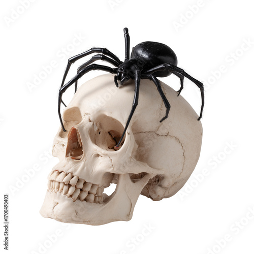 Skull with a black spider on top isolated on transparent. Concept of fear, death, and gothic symbolism, halloween themed. 