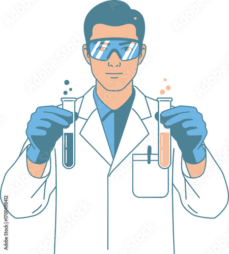 Professional scientist in a lab coat and goggles holds test tubes, representing chemical research and meticulous experimental analysis in a modern laboratory setting