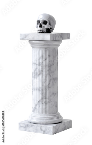 Skull placed on a classical marble pedestal isolated on transparent background symbol of death and halloween spooky decoration. 