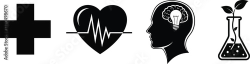 Science and technology icons ecg light bulb and flask for innovation ideas and health silhouette