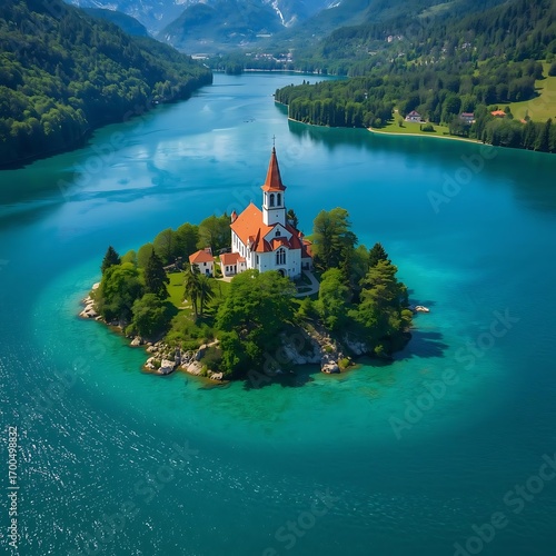 Idyllic island church surrounded by turquoise waters