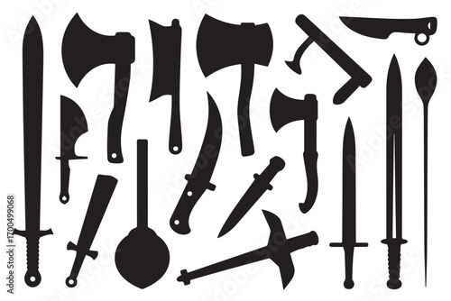 medieval weapon silhouettes double axe tomahawk machete combat knife dagger sword scimitar pan art iconsets