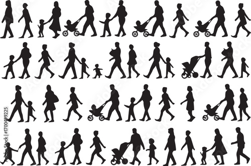 silhouettes of adults walking with children pushing stroller family vector illustration for parenting theme