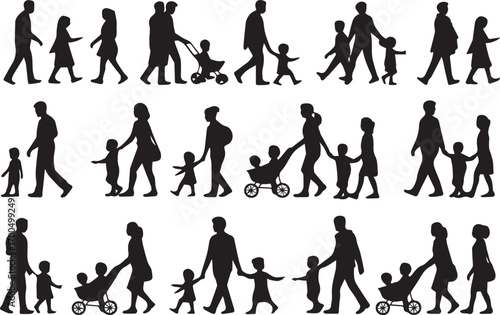 black silhouette vector of parent and child walking together and child pushed in stroller caring concept