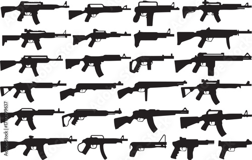 set of black rifle and submachine gun silhouettes vector pack with side view firearms for tactical design projects