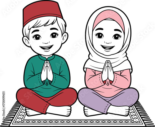 Muslim boy and girl cartoon sitting on prayer mat, wearing traditional clothes, smiling, showing gesture of dua or prayer