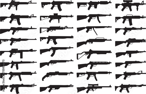 military weapon silhouette collection rifle and smg vector art black icons in grid layout for infographic design