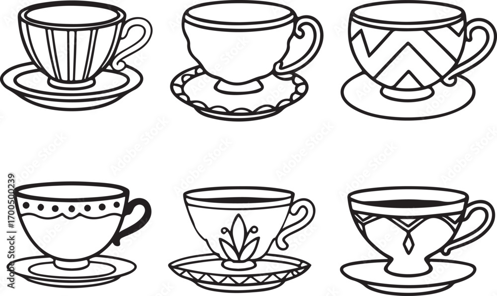 Fototapeta premium Tea cup flat vector icons set. Food and drinks line art icon
