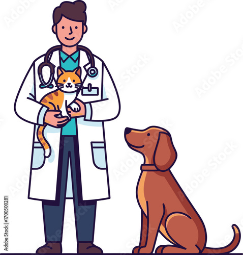 Professional male veterinarian in a white coat holds a cat while a dog sits patiently, embodying the concept of animal healthcare and pet clinic services