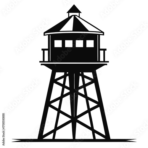 Black Silhouette Image Depicts a Tall Guard Tower Structure with Striped Roof